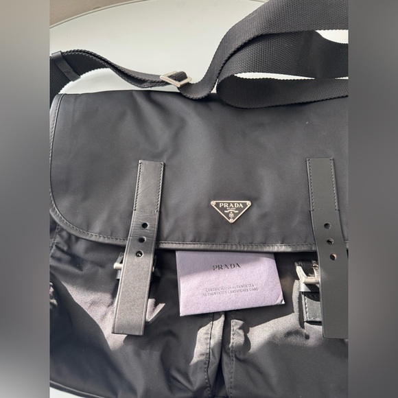 Prada Black Nylon Messenger Bag Smooth Leather Trim Silver accents - Picture 9 of 13